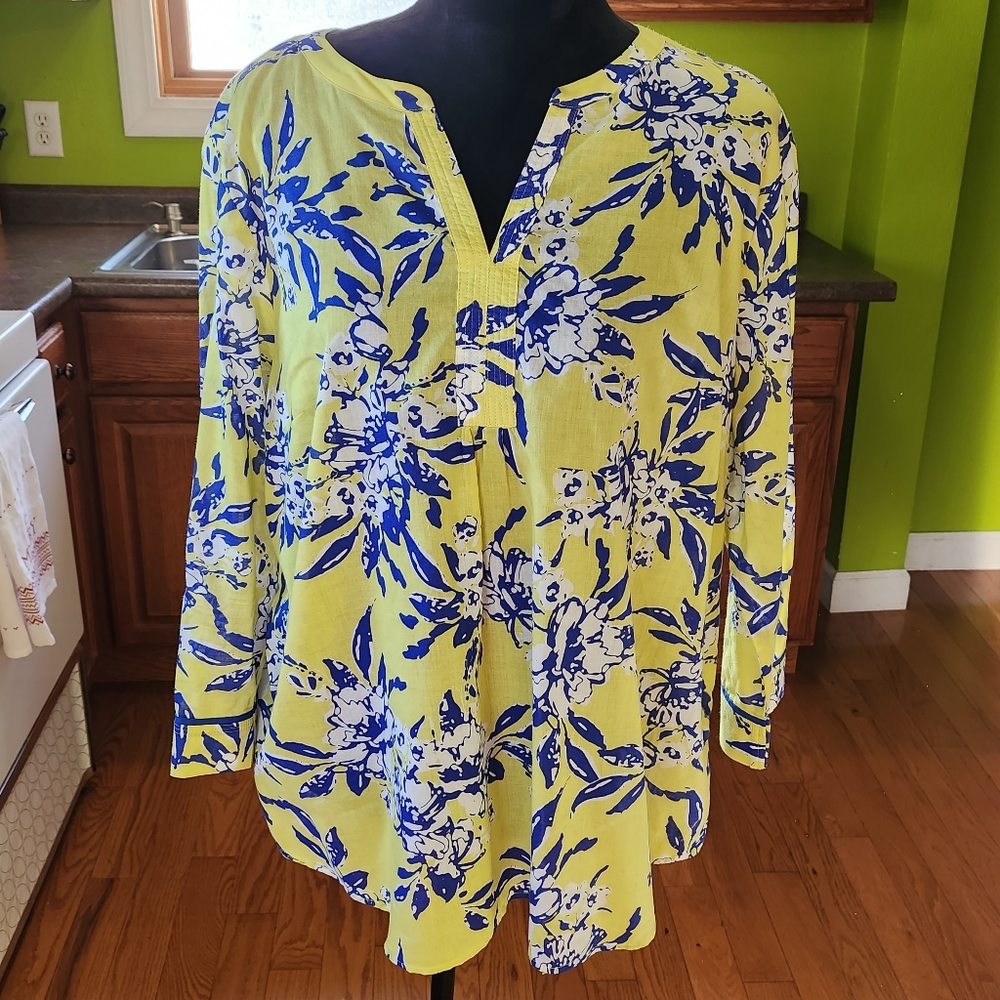 Talbots Floral Hawaiian Yellow Blue 100% Cotton Long Sleeve Tunic Top Size XL